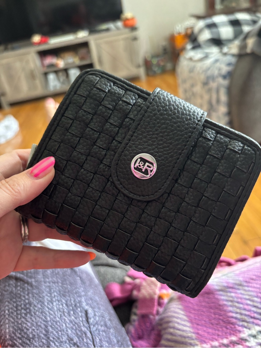 Black Woven Leather Compact Wallet